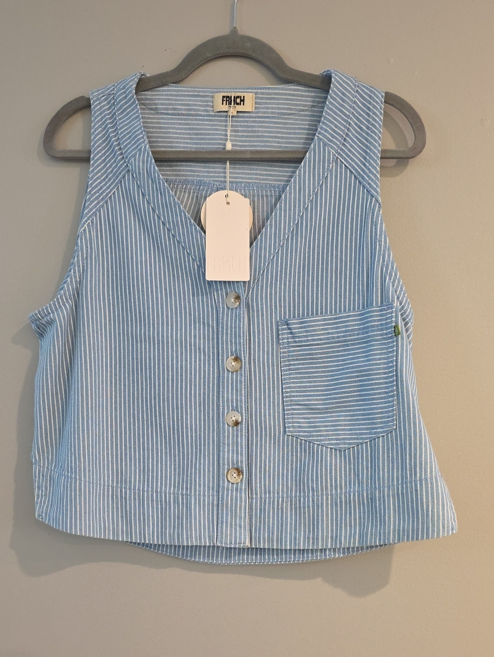 FRNCH Light Blue and White Striped Button-Front Top